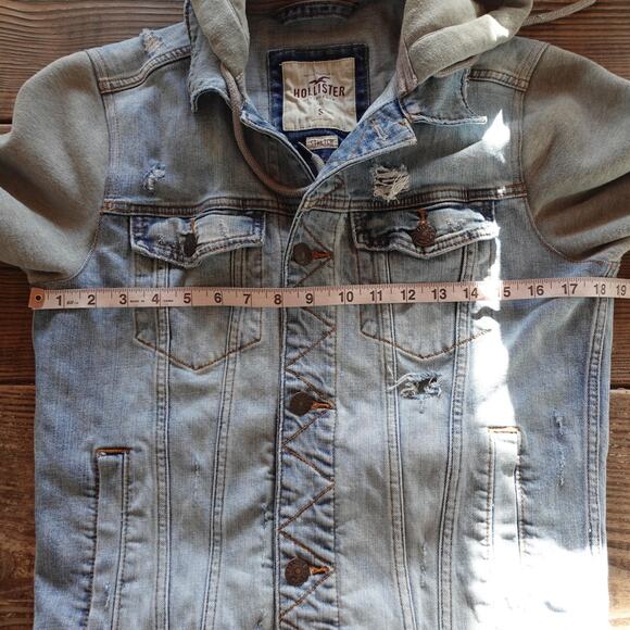 Vintage Hollister Denim Jacket Small Hooded Trucker Sweatshirt Distressed Y2K - Picture 5 of 10
